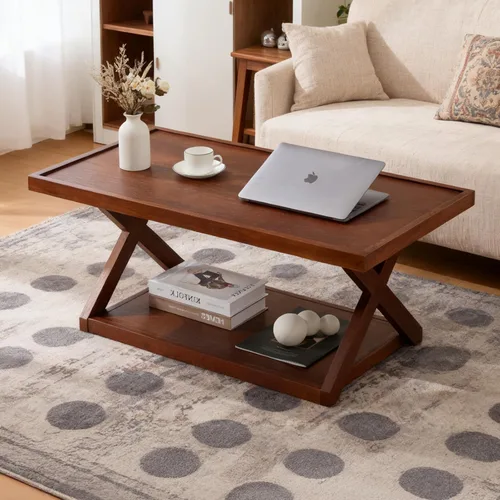 Vista 8 de BECHAEO Mesa auxiliar de roble macizo para sala de estar, mesa auxiliar de madera de 2 niveles con estante de almacenamiento, mesa central moderna