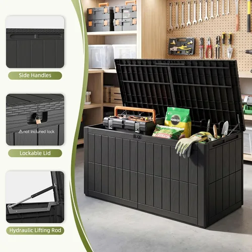 Vista 3 de Caja de almacenamiento para exteriores de 100 galones, con cerradura, impermeable, de resina, contenedor de almacenamiento para interiores