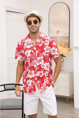 Vista 3 de Camisa floral hawaiana para hombre, estilo casual, con botones, tropical, para la playa