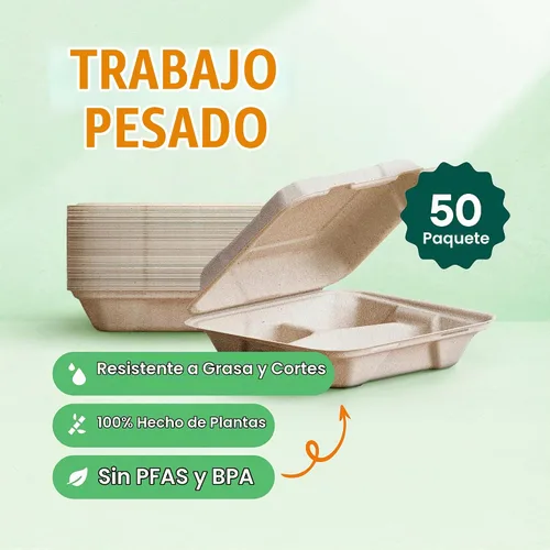 Vista 2 de Recipientes de alimentos 100% compostables para llevar [8 x 8 pulgadas, 3 compartimentos, paquete de 50 unidades], contenedores de calidad