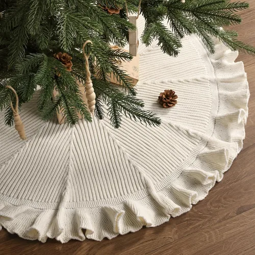 Vista 2 de Falda de árbol de Navidad de 36 pulgadas: falda de árbol de 6 pies para árbol de 6 pies, falda de árbol pequeño blanco crema con borde con volantes