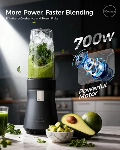 Vista 2 de iCucina Licuadora de batidos, licuadora personal para batidos y batidos, tecnología de pulso de 700 W, licuadoras de una sola porción con 2 vasos