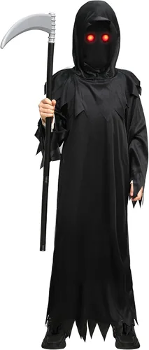 Vista 2 de Doxrmuru Disfraz de la parca para niños, disfraz de Halloween con ojos rojos iluminados
