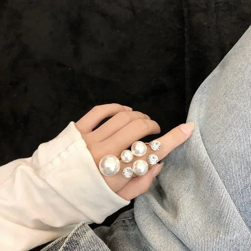 Vista 2 de Cicod Anillo de perlas vintage, apilables, anillos de perlas ajustables, anillo de dedo completo de perlas abiertas, joyería de moda para mujeres
