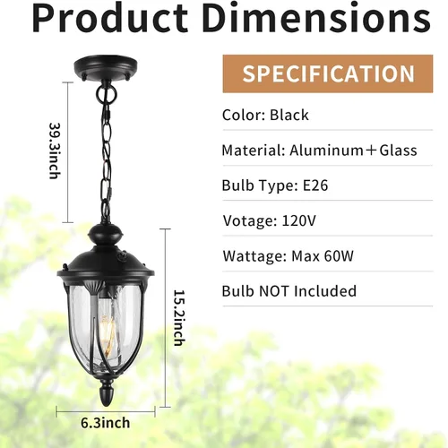 Vista 2 de JYZ Farol Colgante Vintage para Exteriores de Anochecer a Amanecer, Lámpara Colgante Exterior Rústica de 15 Pulgadas con Vidrio Granulado