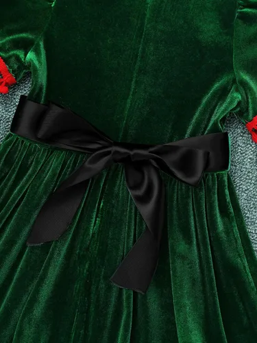 Vista 4 de Kids Girls Christmas Costume Princess Dress with Belt Hat Short Sleeve Santa Gowns Festive Suit