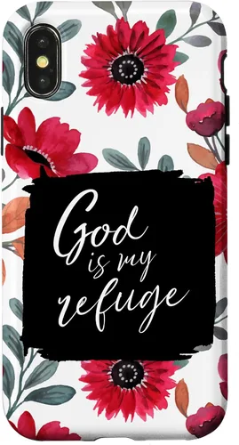 Vista 5 de God is My Refuge - Carcasa para iPhone 16, diseño de flores rojas con versículo bíblico del Salmo 91