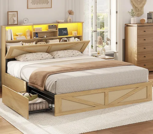 Vista 12 de VIAGDO Bastidor de cama estilo granja tamaño completo con cabecero de almacenamiento tipo librero, estación de carga y luces LED, bastidor de cama