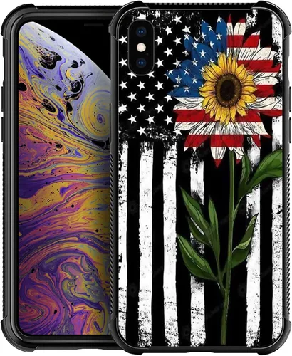 Vista 24 de Funda compatible con iPhone X/XS, diseño de bandera estadounidense de béisbol, TPU suave, a prueba de golpes, de vidrio templado, para iPhone X/XS