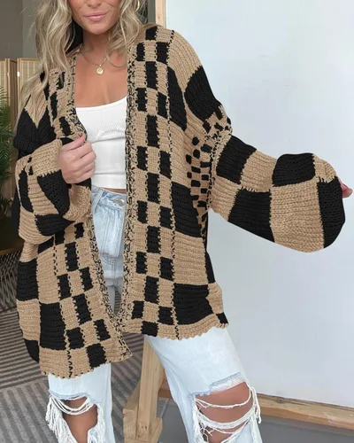 Vista 3 de BTFBM Suéter tipo cárdigan casual para mujer, suéteres de manga larga para Caqui negro (Khaki Black)