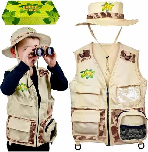 Vista 4 de Safari Kidz - Kit de explorador al aire libre, juego de chaleco y sombrero de camuflaje bronceado, aventuras de la naturaleza en el patio trasero