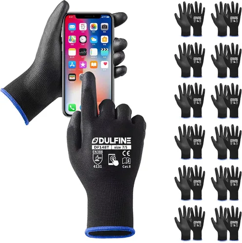 Vista 8 de DULFINE Guantes de trabajo ultrafinos con revestimiento de PU - 12 pares, excelente agarre, carcasa de nylon guantes de trabajo de seguridad
