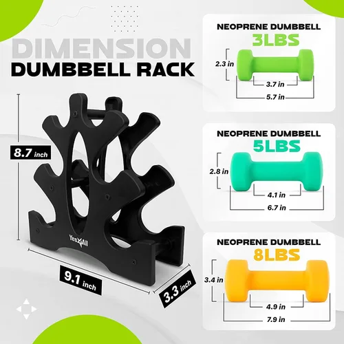 Vista 2 de Yes4All - Juego de mancuernas de neopreno con estante/3 pares de 3, 5 y 8 libras para cualquier entrenamiento de gimnasio en casa, antideslizantes
