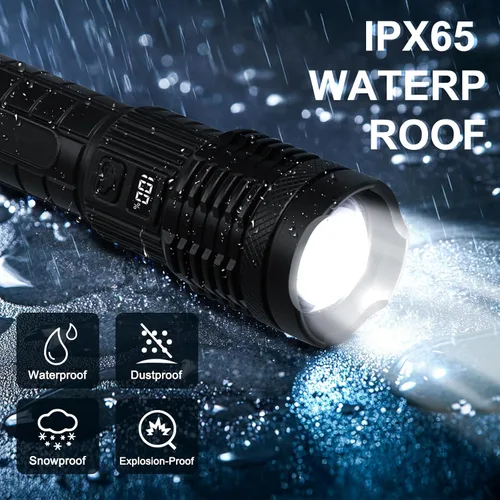 Vista 5 de Linterna recargable: alta potencia de 18000 lúmenes, pantalla LED, enfoque ajustable, carga USB, 5 modos, linterna LED impermeable IPX4