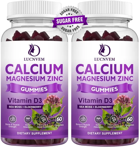 Vista 9 de Gomitas de calcio y magnesio y zinc sin azúcar con saúco y musgo marino, calcio y magnesio 2:1, glicinato de magnesio, potasio y vitamina D3