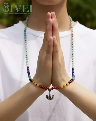 Vista 2 de Bivei 7 Chakra 108 Mala Beads Bracelet Real Healing Gemstone Yoga Meditation Hand Knotted Mala Prayer Bead Necklace