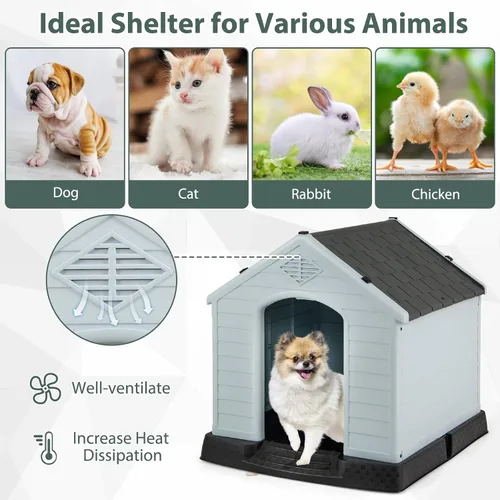 Vista 6 de Casa para perros pequeños, casas para perros para interiores y exteriores, con rejillas de ventilación y suelo elevado, 27.5 x 25.5 x 28 pulgadas