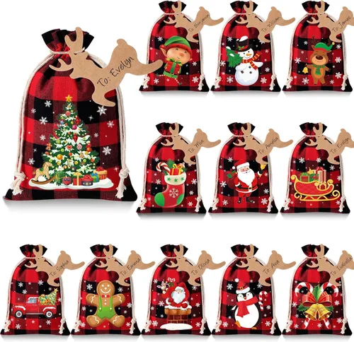 Vista 7 de Shappy 48 bolsas de Navidad con cordón, bolsas de arpillera a cuadros Buffalo de Navidad, bolsas de lino para golosinas, sacos para regalos
