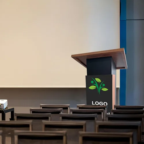 Vista 7 de Podio de Madera Personalizable, Atril de Madera, Tablero de Partículas de 15MM, Diseño Elegante con Almacenamiento, Ruedas con Candado, Espacio