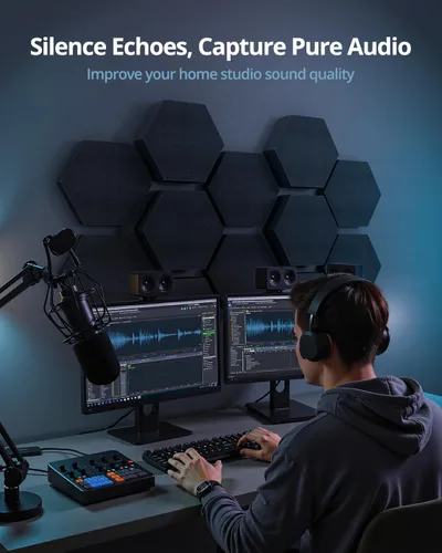 Vista 3 de Paneles de espuma acústica, hexagonal 3D de doble grosor de 1.57 pulgadas y 2.75 pulgadas, azulejos absorbentes de sonido para estudio, habitación