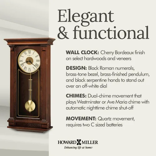 Vista 5 de Howard Miller Sinclair - Reloj de pared, acabado de madera con chapa de madera de teca y columnas acanaladas, doble campanilla Westminster y Ave