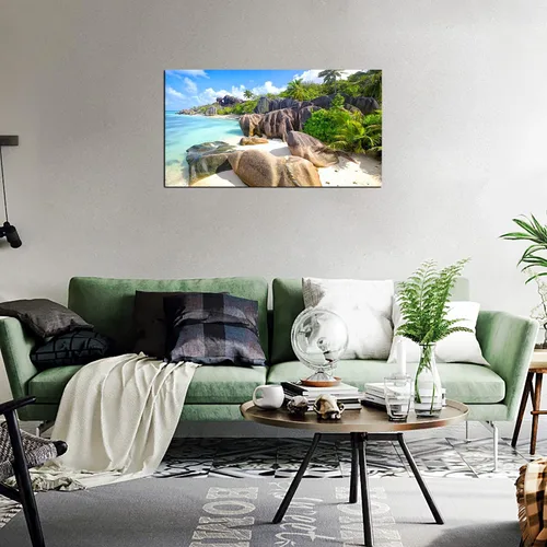 Vista 3 de YYYYHPP YP0762 - Cuadro de pared de playa, arte de pared, piedra de cocoteros en arenas, playa, paisaje marino, pintura de paisaje, imagen