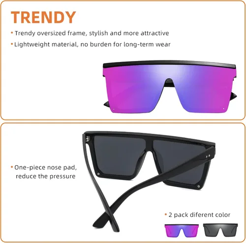 Vista 5 de OCERAVE 2 pares de gafas de sol cuadradas con parte superior plana para mujeres y hombres grandes tonos sin montura de gran tamaño grandes con espejo