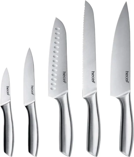 Vista 9 de hecef Juego de cuchillos de cocina plateado de 3 piezas, hoja con acabado satinado con mango hueco, incluye cuchillo de chef de 20 cm, cuchillo