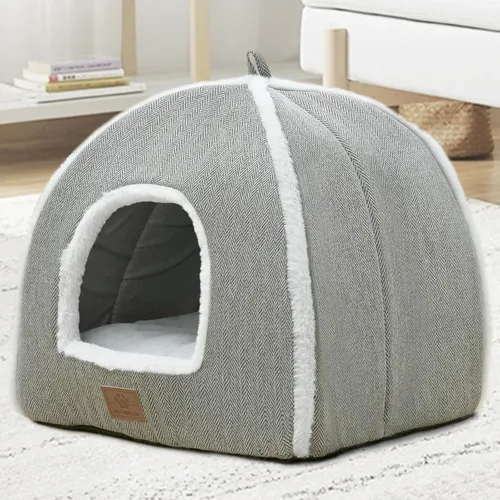 Vista 6 de Camas para gatos de interior, cama de gato, tienda de campaña para gatitos y mascotas pequeñas con cojín lavable, suave y cálida, color gris, 15