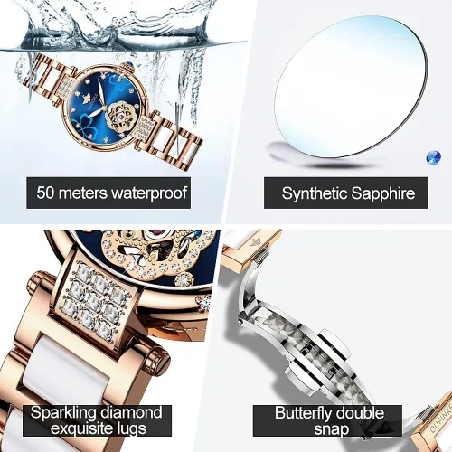 Vista 4 de OUPINKE Relojes automáticos para mujer, con diamantes elegantes, de vestir, de esqueleto, mecánico, cuerda automática, impermeable, luminoso
