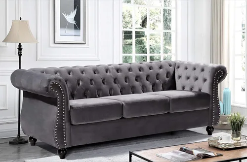 Vista 2 de Container Furniture Direct Feinstein - Sofá Chesterfield de terciopelo moderno para sala de estar con cabezas de clavos, acolchado de diamante y Gris