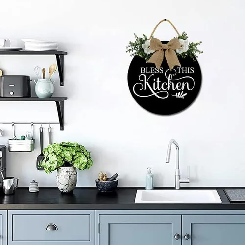 Vista 4 de Decoración de pared de cocina Bless This Kitchen Decoración de pared rústica de madera divertida para puerta de cocina para decoración de pared