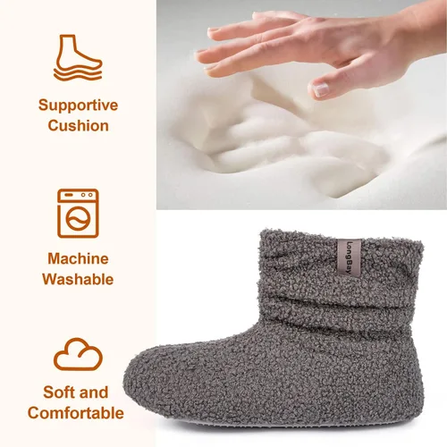 Vista 4 de LongBay Pantuflas cálidas de piel rizada para mujer, cómodas botas de forro polar de felpa con espuma viscoelástica para el hogar