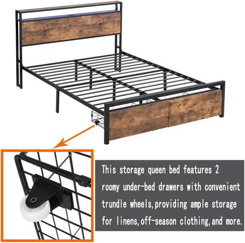 Vista 8 de Base de cama de tamaño matrimonial con cajones de almacenamiento y 3 puertos USB, base de cama LED matrimonial con cabecero, plataforma de metal sin