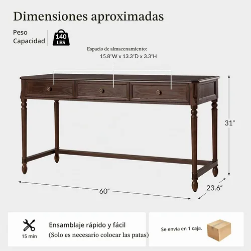Vista 2 de HULALA HOME Escritorio de oficina en casa de 60 pulgadas con almacenamiento, 3 cajones con patas de eje de madera maciza, escritorio de computadora