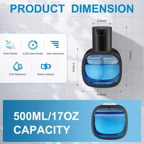 Vista 4 de Dispensador Automático de Jabón Líquido con Capacidad de 500ml / 17oz, Dispensador de Jabón Sin Tocar con Ajuste de 4 Niveles, Recargable, Montado