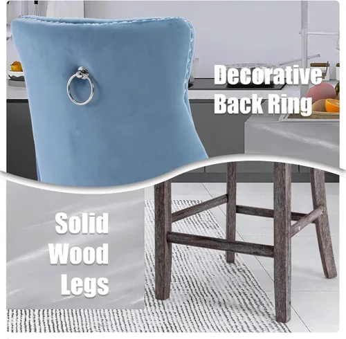Vista 85 de SoarFlash Juego de 2 taburetes de bar tapizados de terciopelo moderno con patas de madera, botones acolchados, cabeza de clavo cromada, asiento