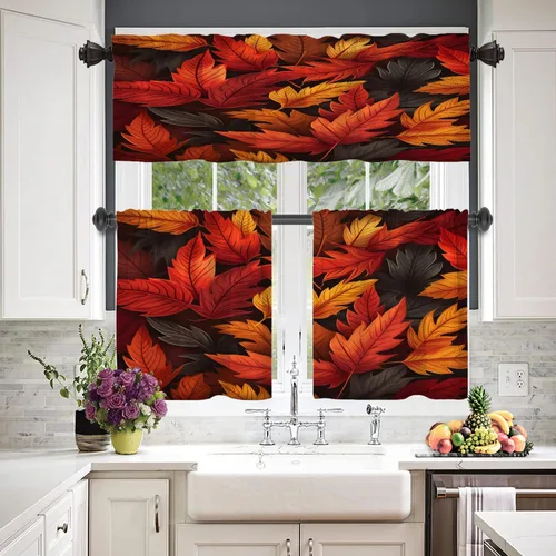 Vista 2 de Cortinas de cocina de hojas de arce otoñales para ventanas, hojas verdes y rojas sobre cenefas opacas negras, tratamientos de ventana de poliéster