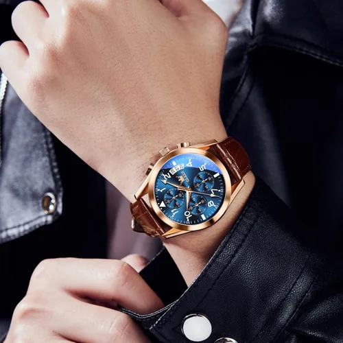 Vista 2 de OLEVS Reloj cronógrafo de cuarzo para hombre correa de cuero dorada con fecha de día reloj de pulsera de acero inoxidable impermeable relojes