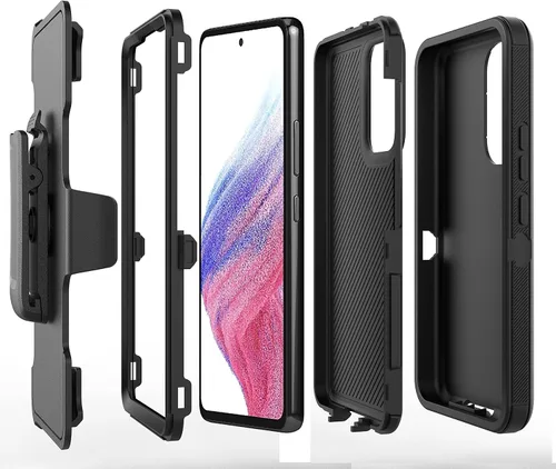 Vista 3 de Funda diseñada para Samsung Galaxy A53 5G con protector de pantalla integrado, resistente a prueba de golpes y clip giratorio para cinturón (negro)