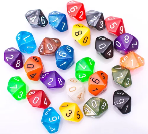 Vista 2 de Paquete surtido de 25 dados de 10 lados, surtido multicolor de dados poliédricos D10