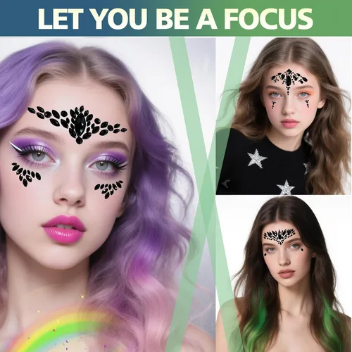 Vista 3 de Joyas faciales negras, tatuaje, calcomanías corporales, lágrimas, gemas temporales, calcomanías para Halloween, festivales, música, carnaval