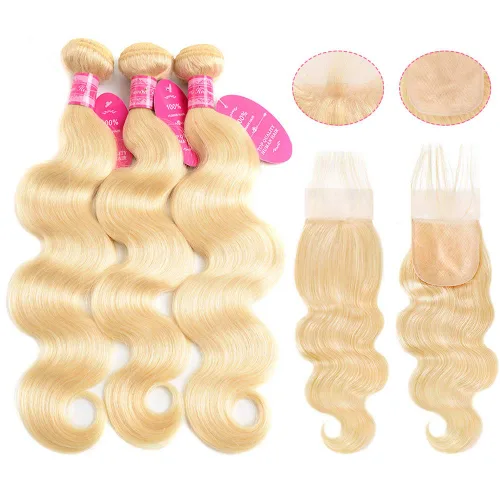 Vista 3 de YISEA Paquetes de Cabello Rubio 613 con Cierre Cabello Brasileño Ondulado 3 Paquetes con Cierre Paquetes de Cabello Humano Rubio con Cierre Cabello