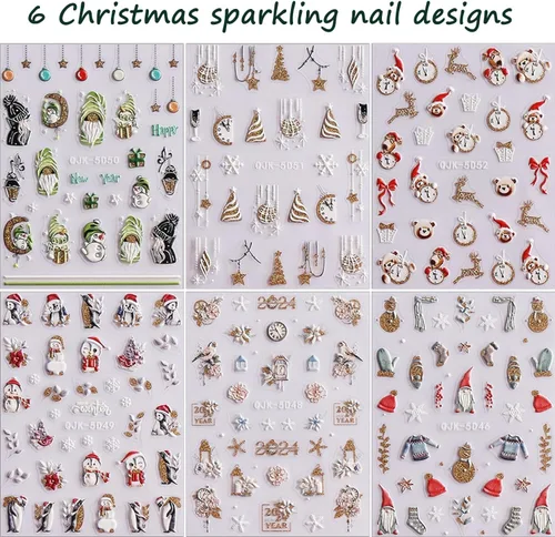 Vista 7 de Calcomanías de arte de uñas de Navidad 5D en relieve autoadhesivas para arte de uñas, lindos gnomos de Papá Noel, muñeco de nieve, árbol de Navidad
