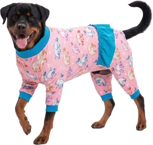 Vista 12 de LovinPet Pijamas Grandes para Perros – Camisa de unicornio para perro, mameluco de recuperación poscirugía, sirenas y unicornios estampado Azul