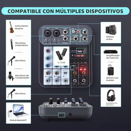 Vista 2 de Mezclador de audio DJ de 4 canales, mezcladores de sonido, placa de mezcla de sonido XLR 1/4" de interfaz, entrada BT USB MP3 para computadora