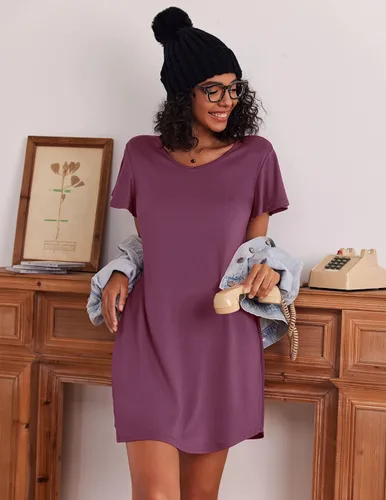 Vista 4 de Ekouaer - Pack de 2 camisones de manga corta para mujer, cómodos y suaves, pijama estilo vestido para dormir