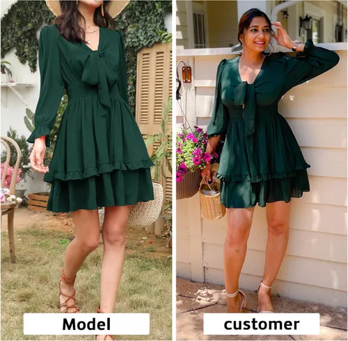 Vista 2 de EXLURA - Mini vestido acampanado, con cuello en V, de manga globo larga, floral, con capas, volantes, cintura elástica y para anudar por delante