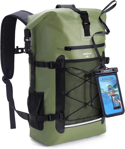 Vista 9 de ECOHUB Mochila impermeable para mujeres y hombres, bolsa seca resistente de 30L con cierre enrollable para viajes con funda impermeable IPX8