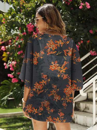 Vista 4 de Chunoy Cárdigan tipo kimono de gasa floral para mujer, blusa informal holgada